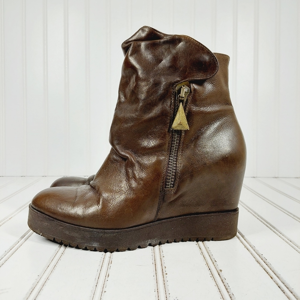 Frankie Segal Brown Slouch Leather Wedge Zip Detail Ankle Boots